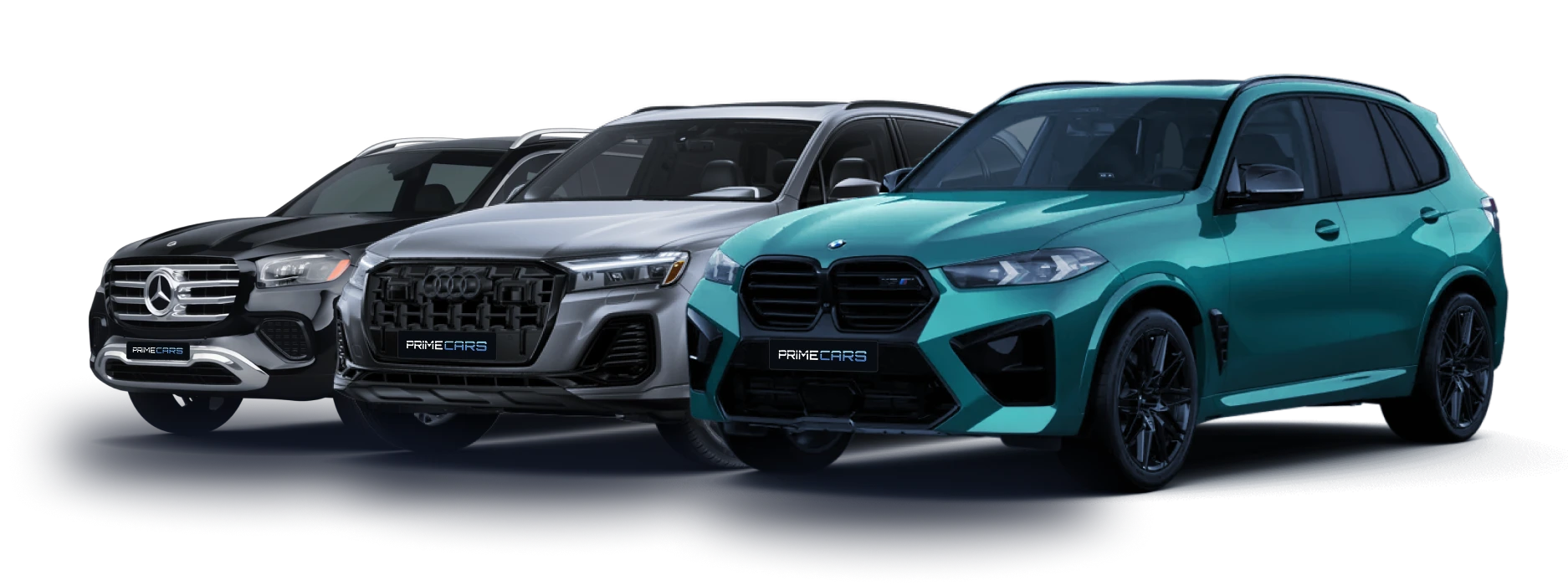 Чорний Mercedes Gls, Сіра Audi Q7 і   BMW X5 стоять поруч в один ряд