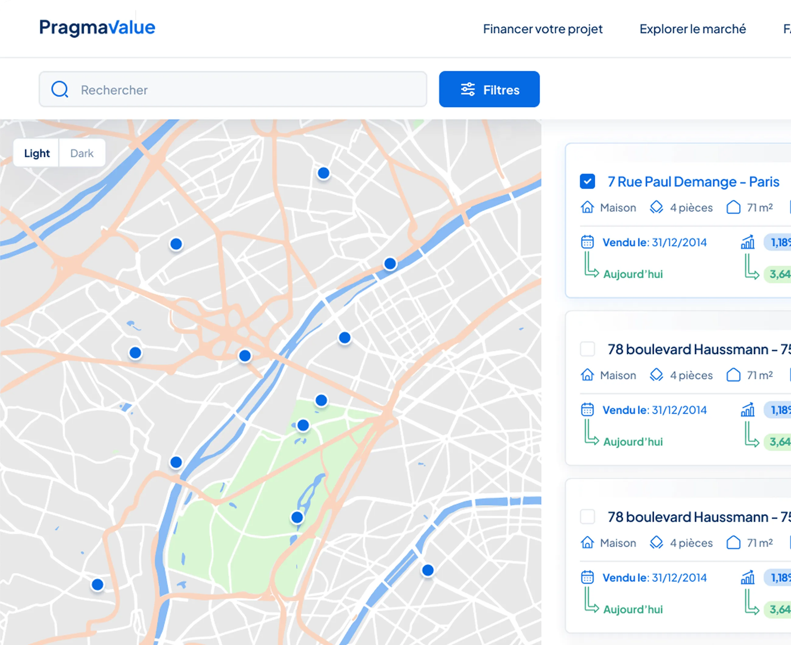 Interface Pragma Value avec carte interactive et liste de biens immobiliers à Paris, affichant prix de vente passés et valeurs actualisées grâce aux données publiques DVF et INSEE