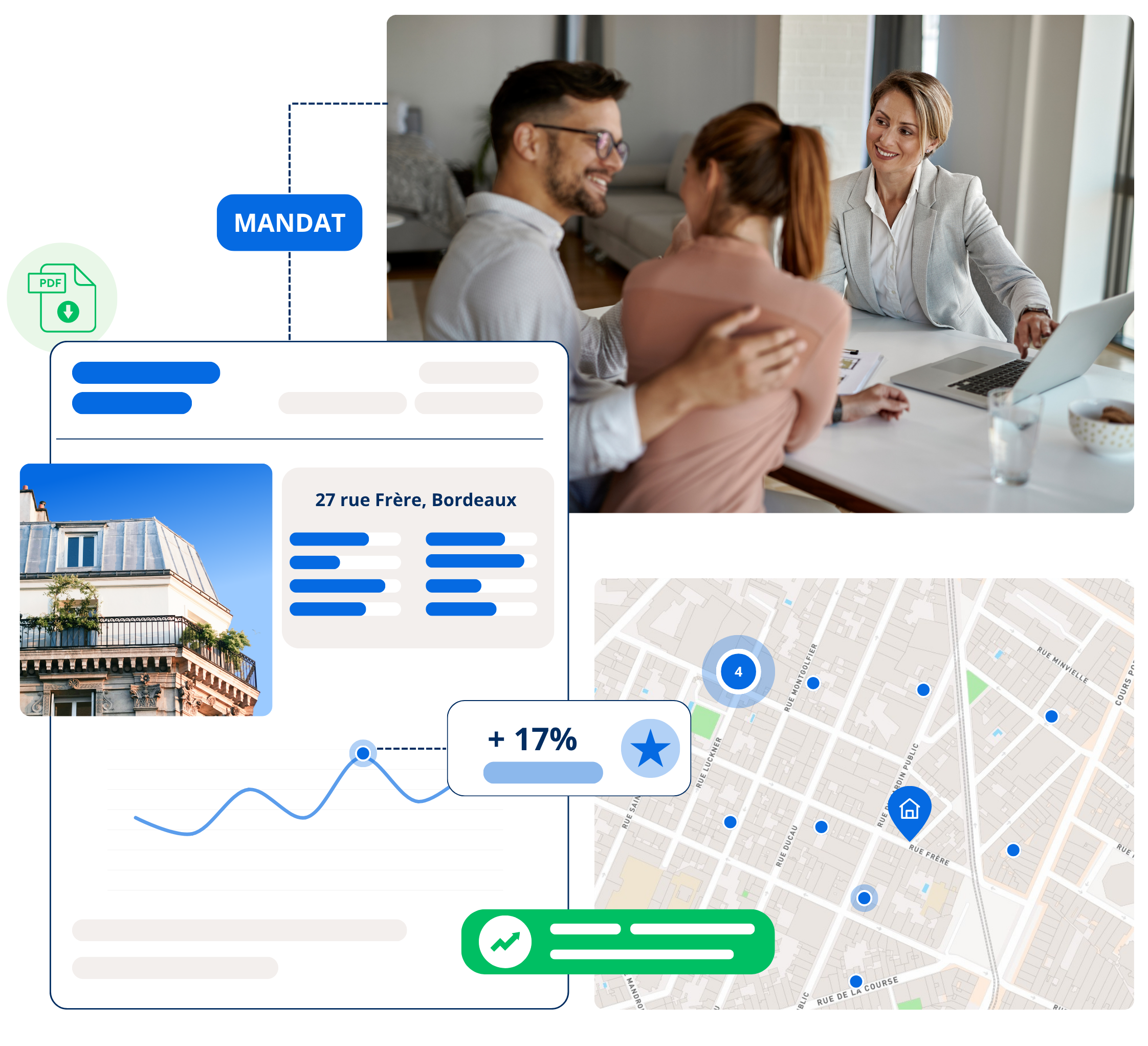 Illustration Pragma Value montrant l’évolution et l’actualisation immobilière à Bordeaux : estimation d’un bien passant de 288 220 € en 2023 à 319 140 € en 2025, soit +15% de hausse, basée sur données publiques DVF et INSEE