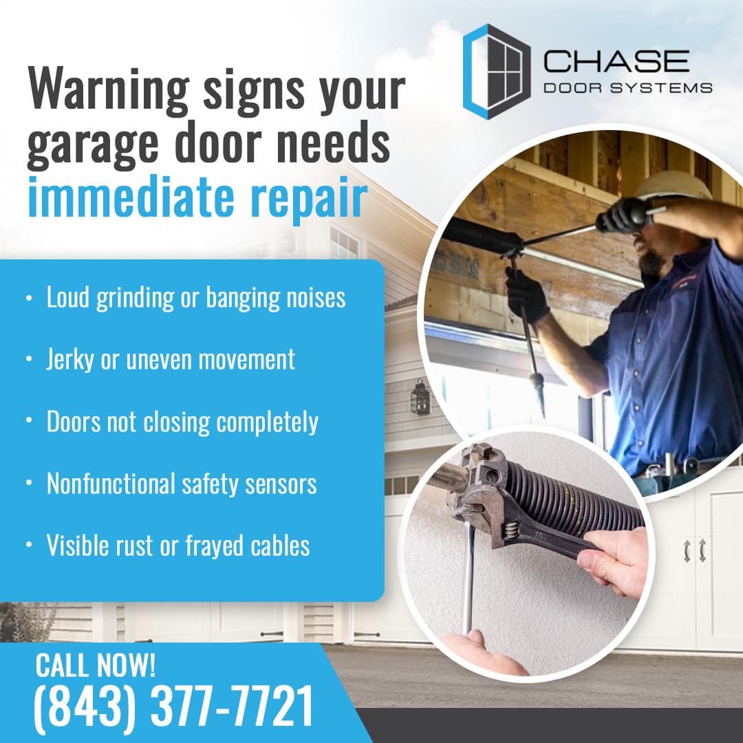 Promotional image for Chase Door Systems listing five warning signs for garage door repair: loud noises, jerky movement, doors not closing, nonfunctional sensors, and visible rust/frayed cables.