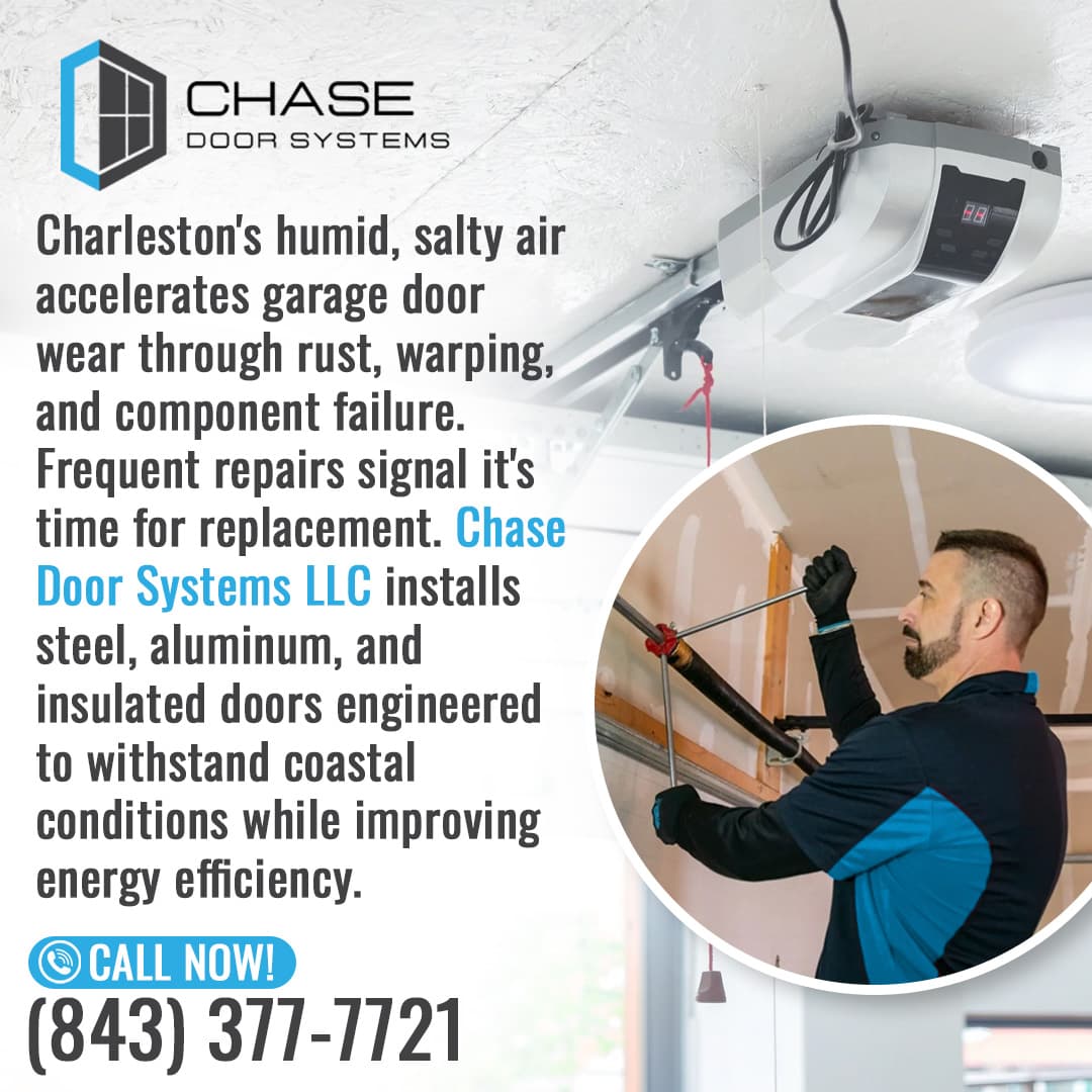 Marketing graphic by Chase Door Systems LLC detailing how Charleston's humid, salty air damages garage doors through rust and warping.