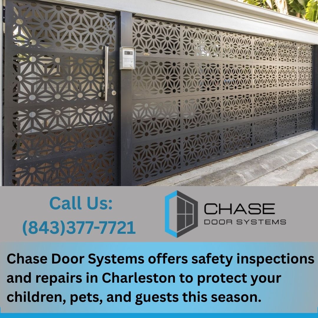 Decorative metal gate with geometric cutout patterns beside a keypad entry system, displayed in a Chase Door Systems promotional graphic with contact information and service message about safety inspections and repairs in Charleston.