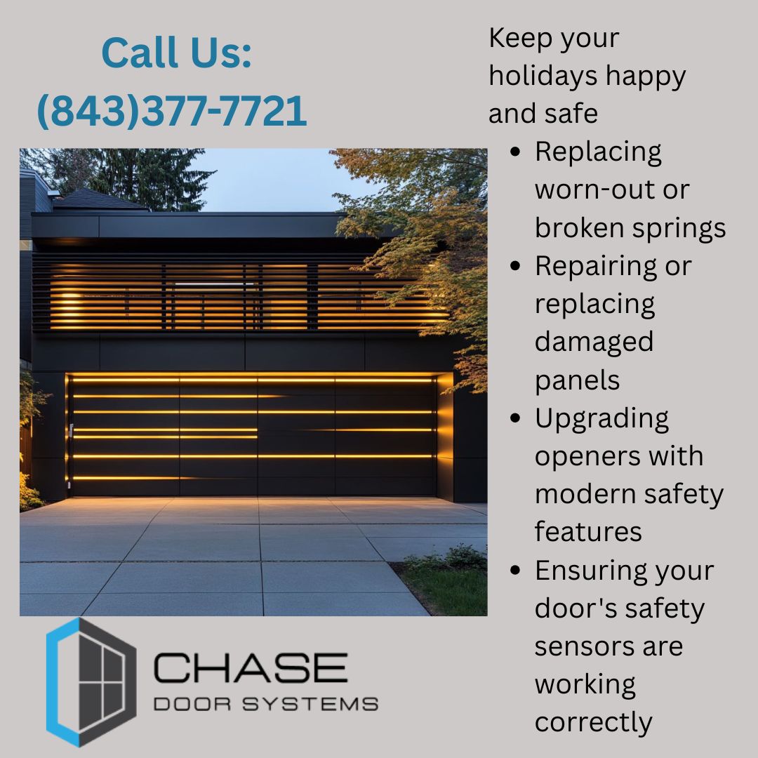 Modern home with a sleek black garage door illuminated by horizontal amber lighting accents, displayed in a Chase Door Systems.