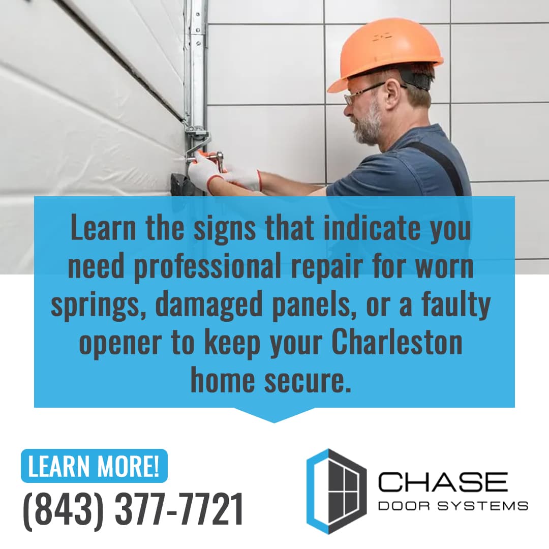 Garage door technician wearing a hard hat repairing a garage door mechanism, highlighting signs of worn springs, damaged panels, or faulty openers.