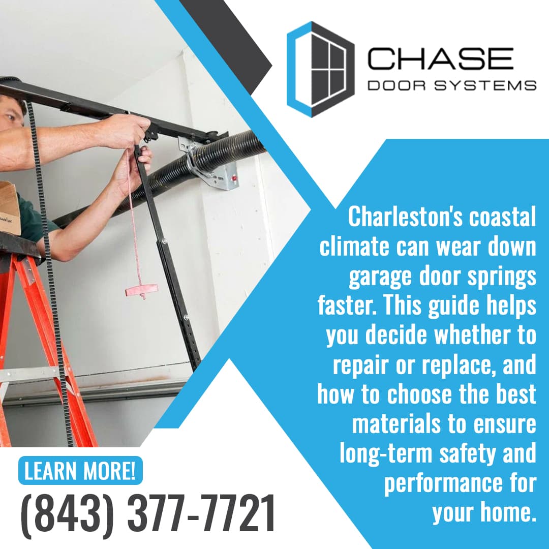 A close-up of garage door springs with text promoting a guide from Chase