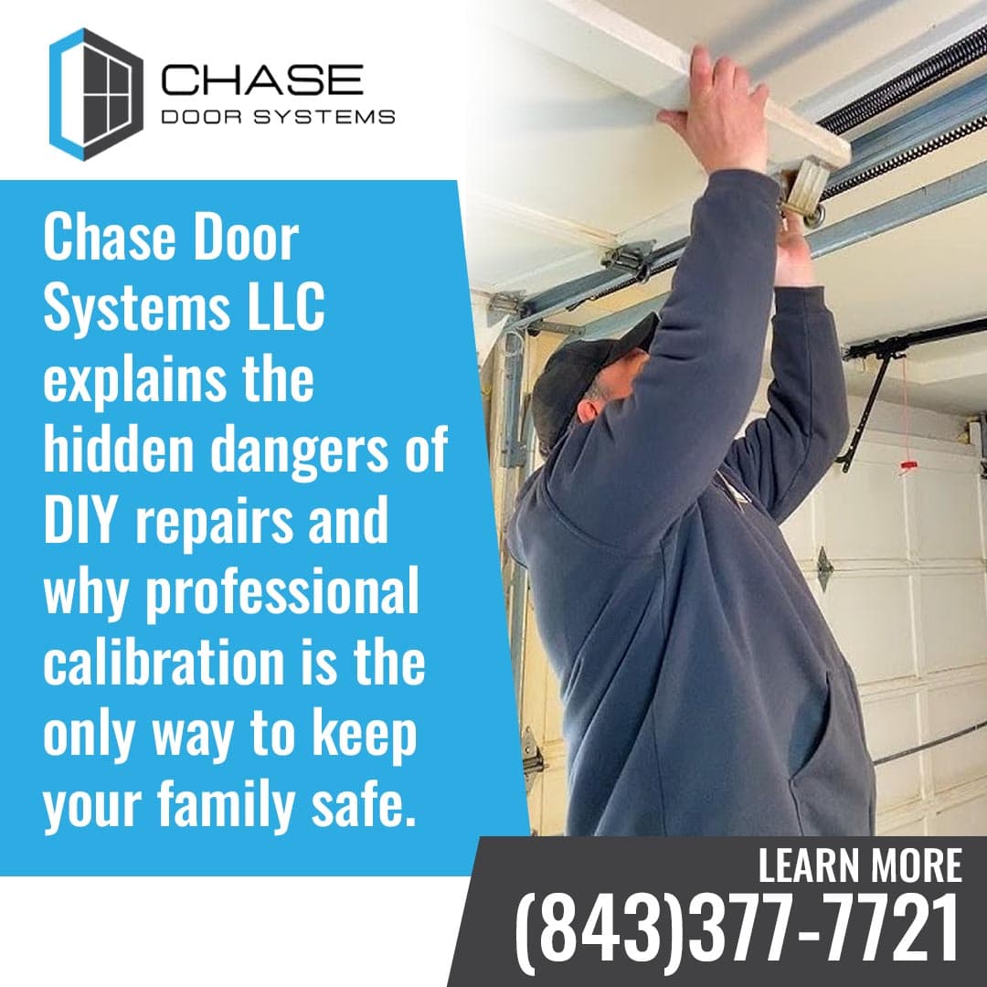Technician repairing garage door while highlighting risks of DIY repairs and importance of professional service.