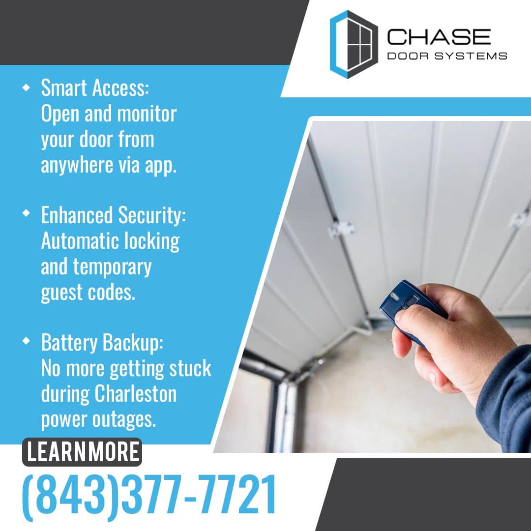 Hand holding garage remote with smart opener features including app control, security access, and battery backup.