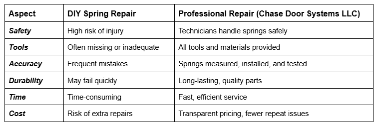 Comparison table showing differences between DIY and professional garage door spring repair