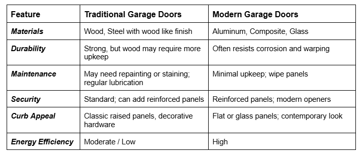 Comparison chart showing differences between traditional and modern garage doors