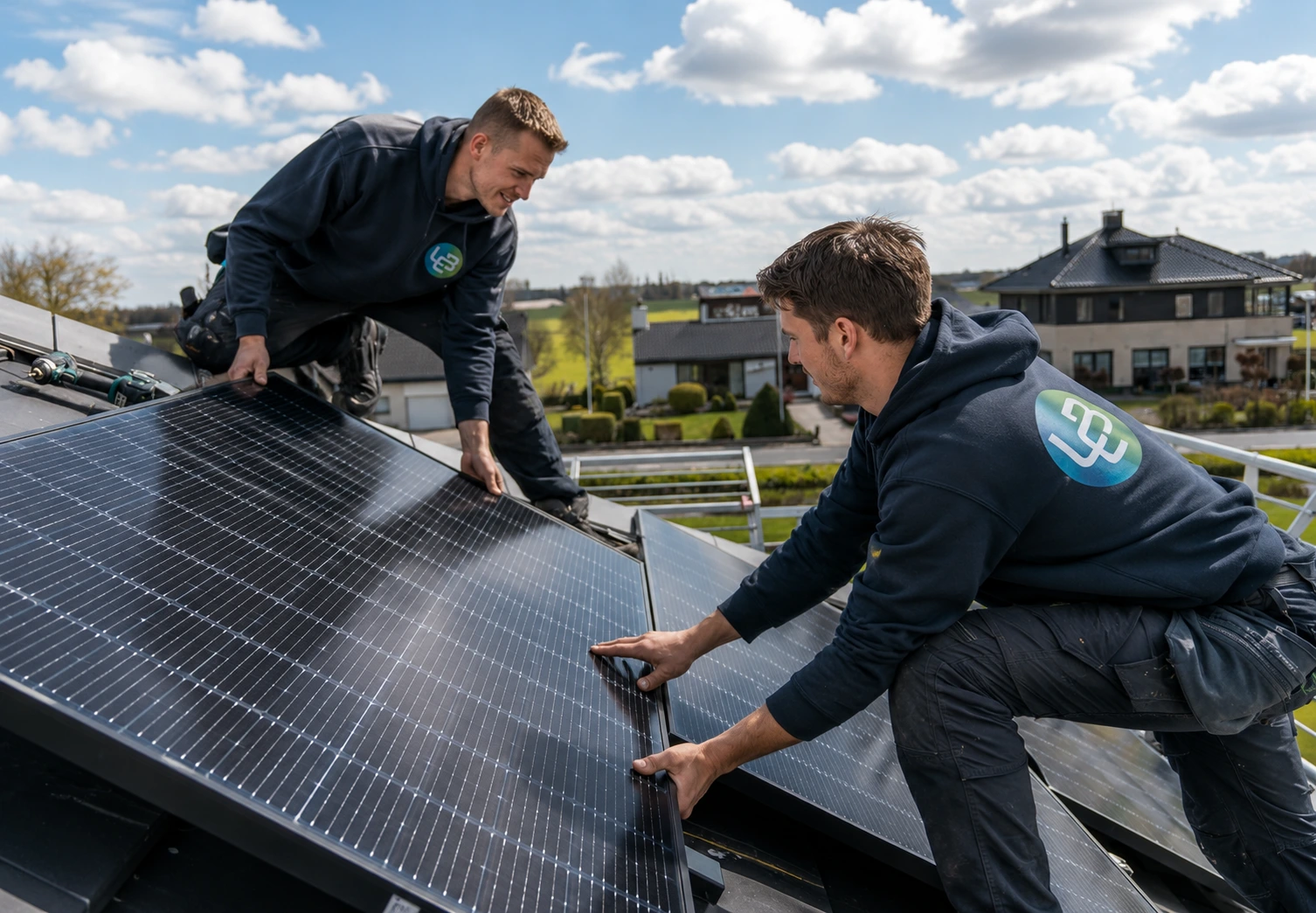 Installateurs op het dak van een huis die zonnepanelen installeren