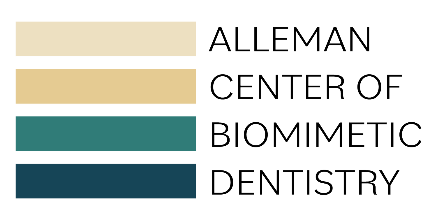Logo with four horizontal color blocks in beige, gold, teal, and dark blue aligned left, and text 'ALLEMAN CENTER OF BIOMIMETIC DENTISTRY' stacked vertically on the right.