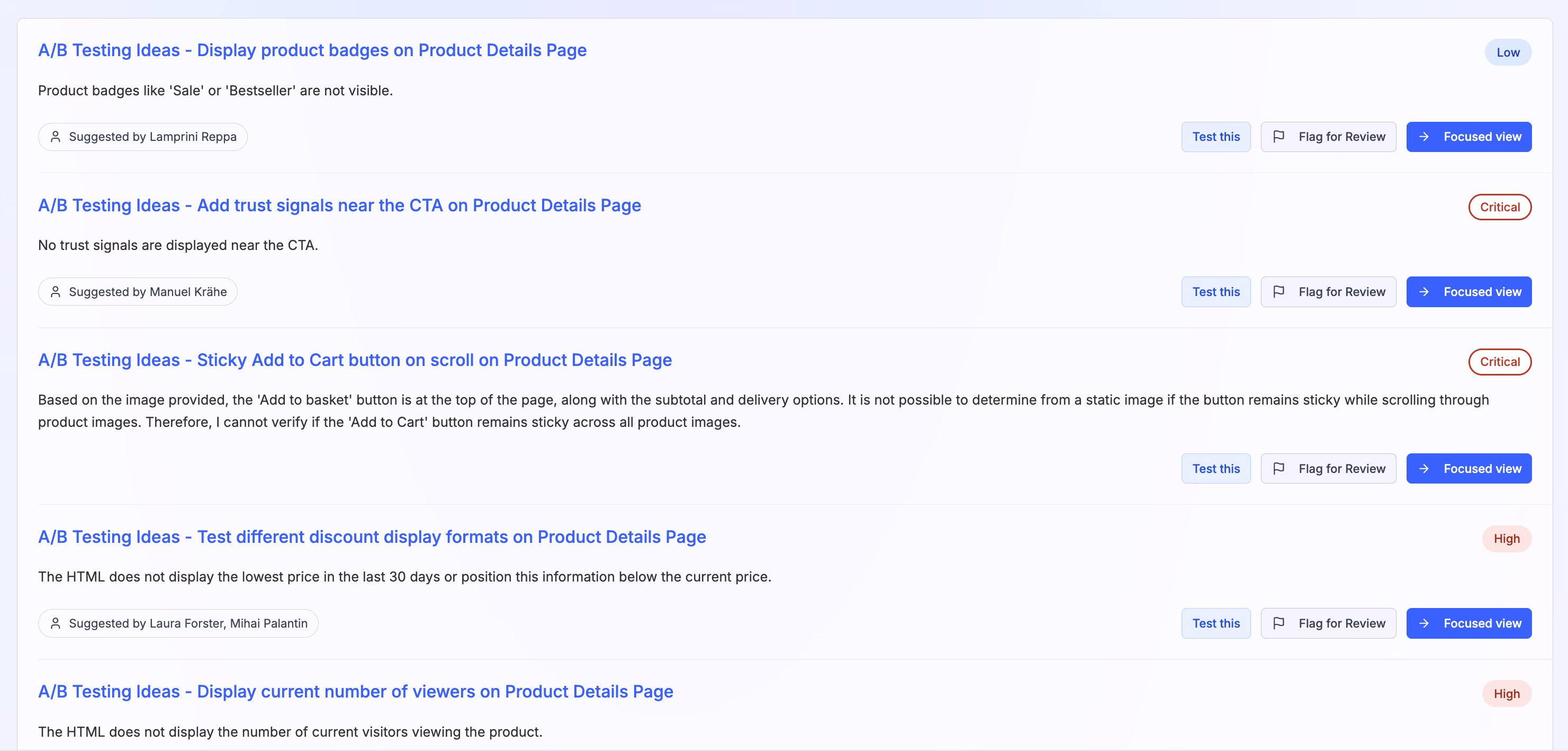 List of A/B testing ideas for product page: badges, trust signals, sticky Add to Cart, discount formats, and viewer count.