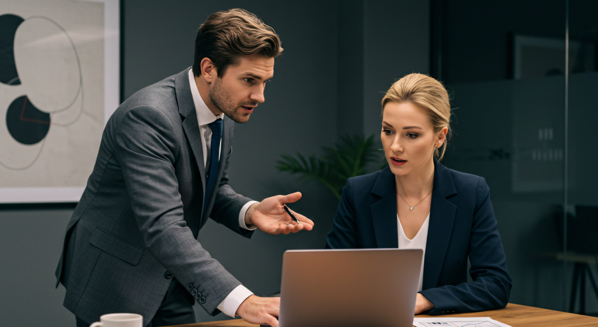 Mehrere Lebensläufe mit einer Brille darauf liegen auf einem Holztisch neben einem Laptop und einer kleinen Uhr.