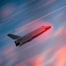 A space shuttle ascending through the sky with red and blue streaks, symbolizing progress and innovation.