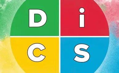 circle with 4 quadrants of different colors and letters spelling out DiSC