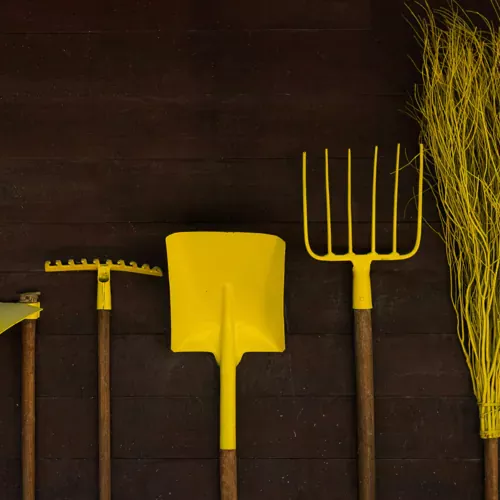 rake, pitchfork, shovel, and broom
