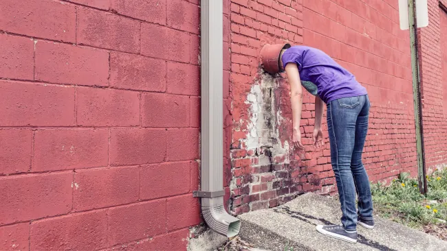 A person leaning forward towards a wall, with their head inserted inside of a drainage pipe nested in the wall.