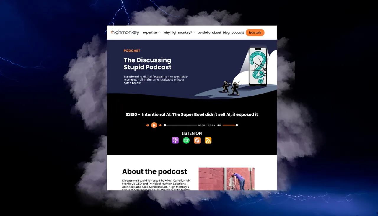 Screenshot of the new Discussing Stupid section on the High Monkey website, with a backdrop graphic of dark clouds and lightning.