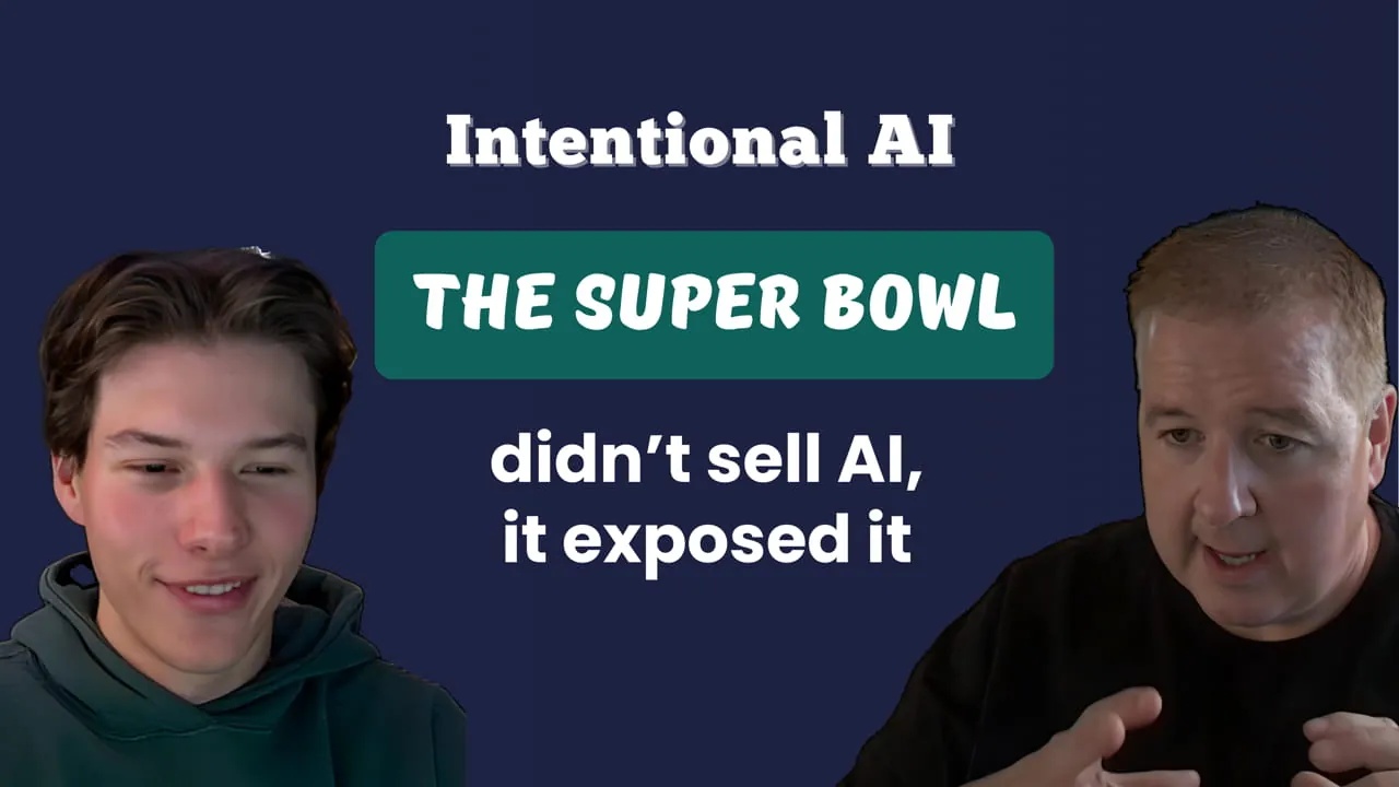 Promotional graphic for Discussing Stupid Season 3, Episode 10, titled “Intentional AI: The Super Bowl didn't sell AI, it exposed it” Features bold episode title text, an “Out Now” indicator, and the Discussing Stupid logo.