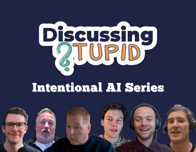 Six cutout iamges of people's faces below text reading 'Discussing Stupid: Intentional AI Series' on a dark blue background.