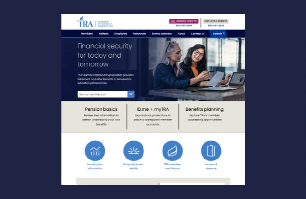 Teachers Retirement Association homepage showing security info, pension basics, benefits, and login options.
