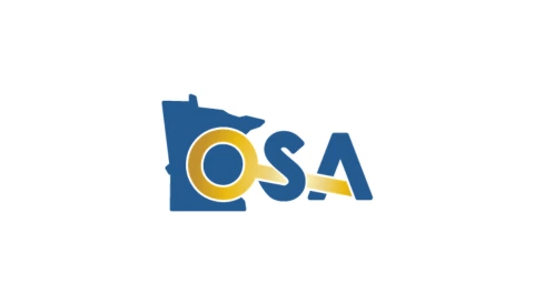 OSA (Office of the State Auditor) logo, Minnesota state outline with a gold ring and arrow forming the O and accent