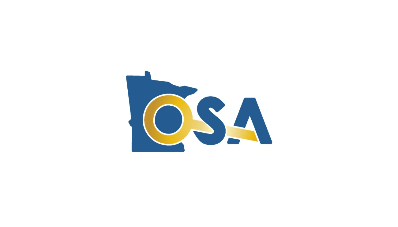 OSA (Office of the State Auditor) logo, Minnesota state outline with a gold ring and arrow forming the O and accent