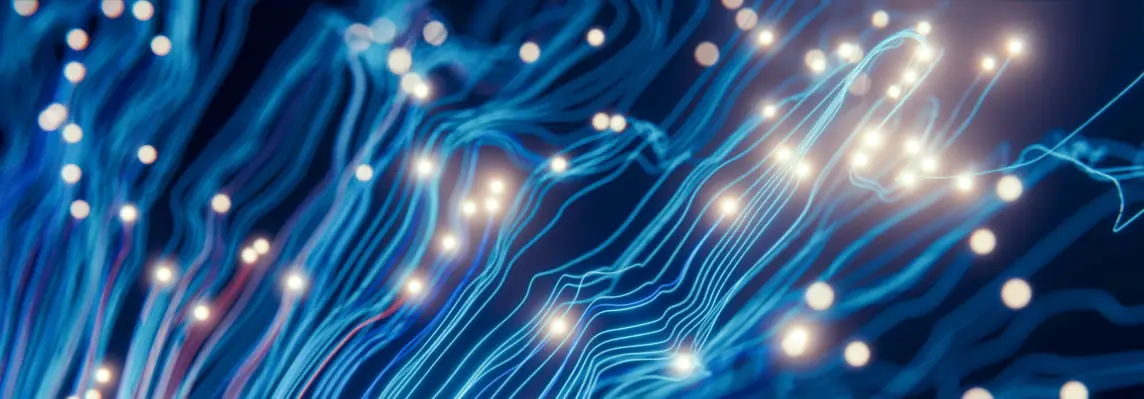 Digital landscape reflected by bright dots on neon lines in a pattern