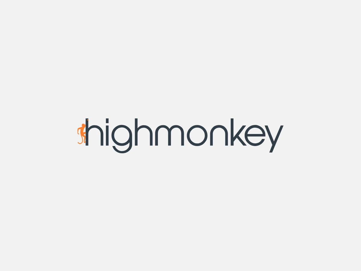 Previous High Monkey logo: the wordmark highmonkey set in a single dark slate grey, with a small orange monkey climbing the letter h