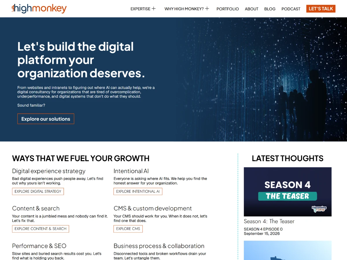 New High Monkey homepage. A navy hero over a photograph of blue light and particles, the headline Let's build the digital platform your organization deserves, a two column list of services, and a Latest Thoughts column on the right.