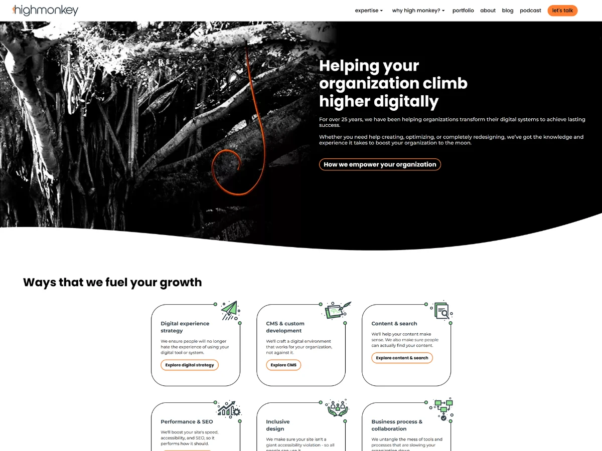 Previous High Monkey homepage. A black and white photograph of tree roots with an orange curling line, the headline Helping your organization climb higher digitally, a curved section divider, and service cards with green illustrated icons.
