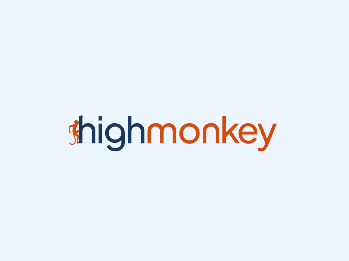 New High Monkey logo: high in deep navy and monkey in orange, with thicker letterforms and an orange monkey climbing the letter h