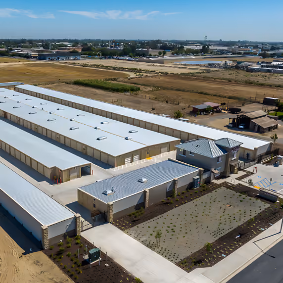 Metal warehouse buildings at self-storage facility in Turlock, CA