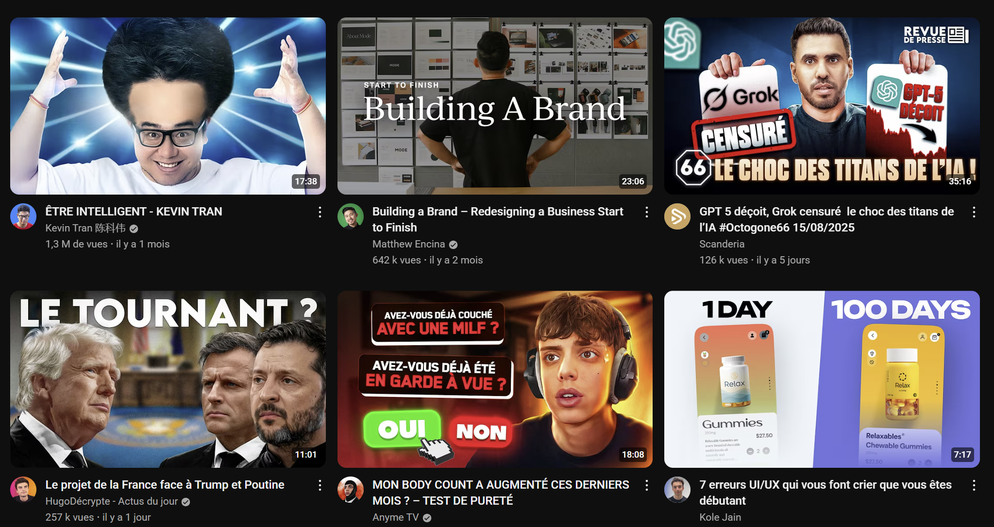 Page d'accueil YouTube avec Miniatures