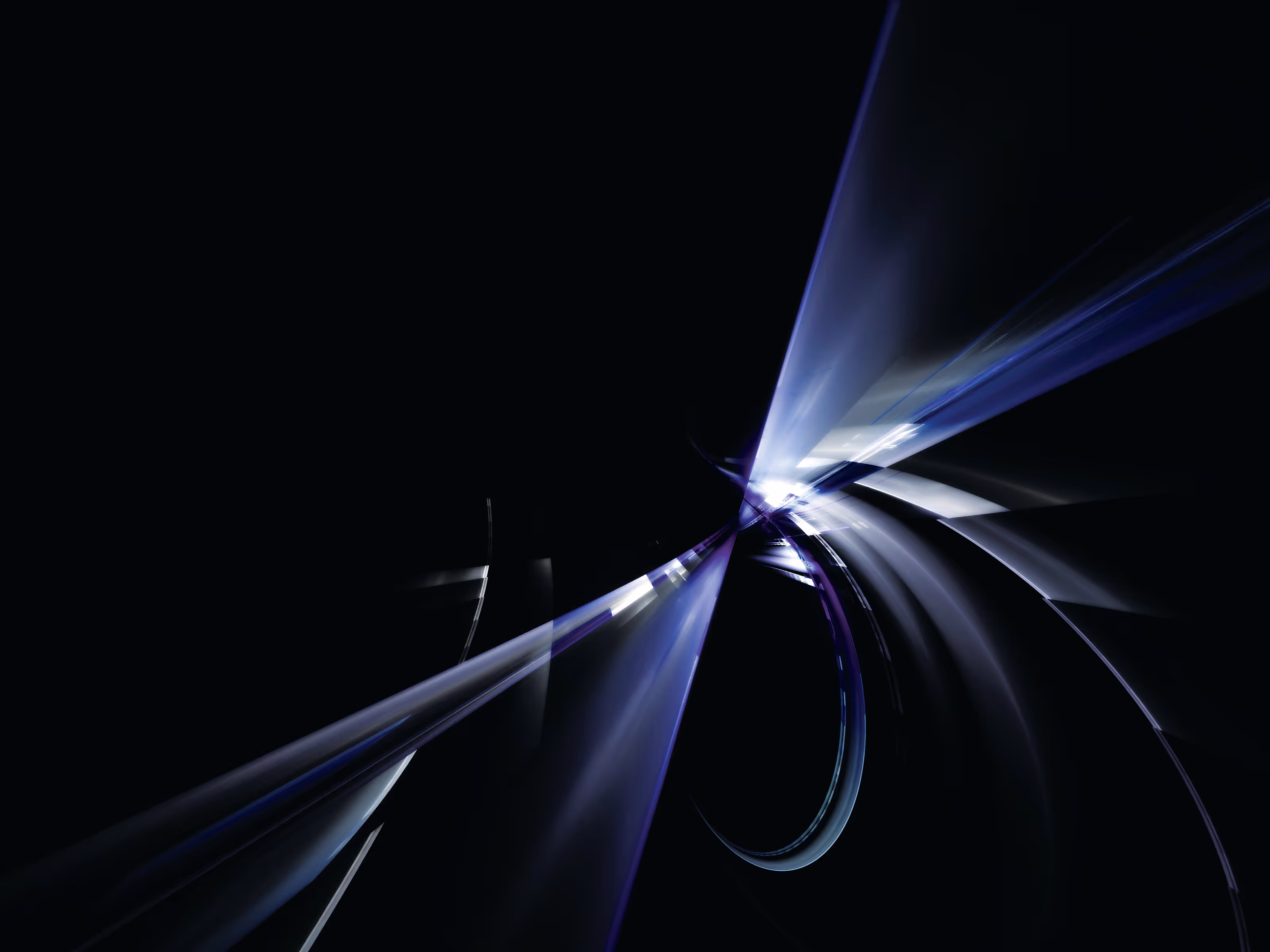 Abstract digital art with dynamic blue and white light streaks on a black background.