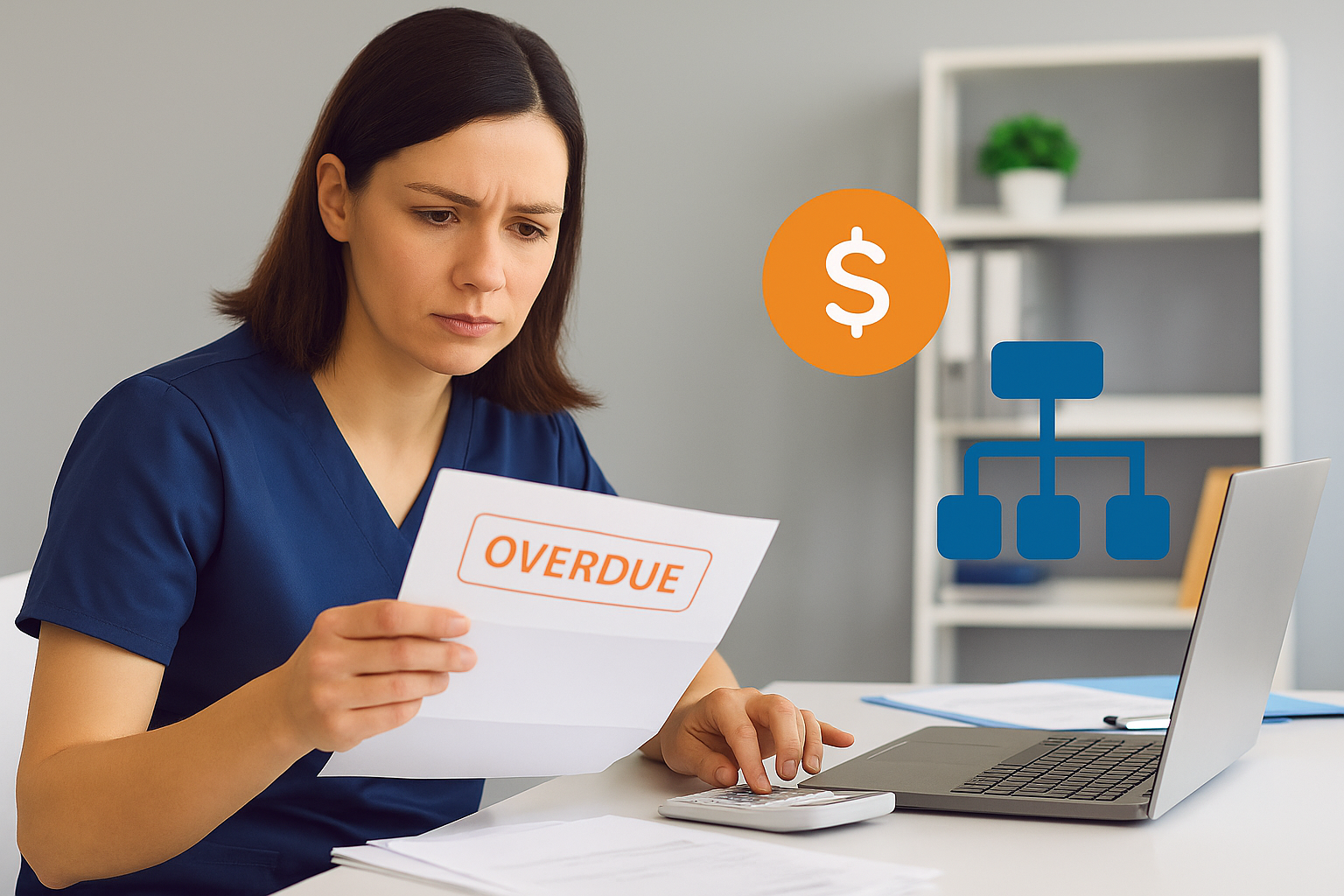 Healthcare professional reviewing patient billing statements highlighting challenges in manual overdue balance management