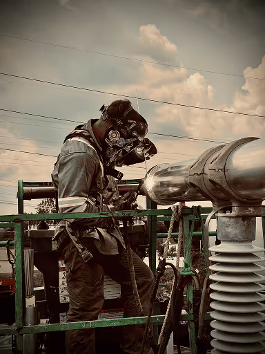 Worker wearing protective gear welding a metal pipe outdoors against a cloudy sky.