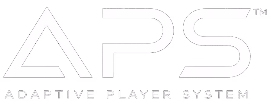 APS Adaptive Player System Markenlogo in weißem Text vor schwarzem Hintergrund.
