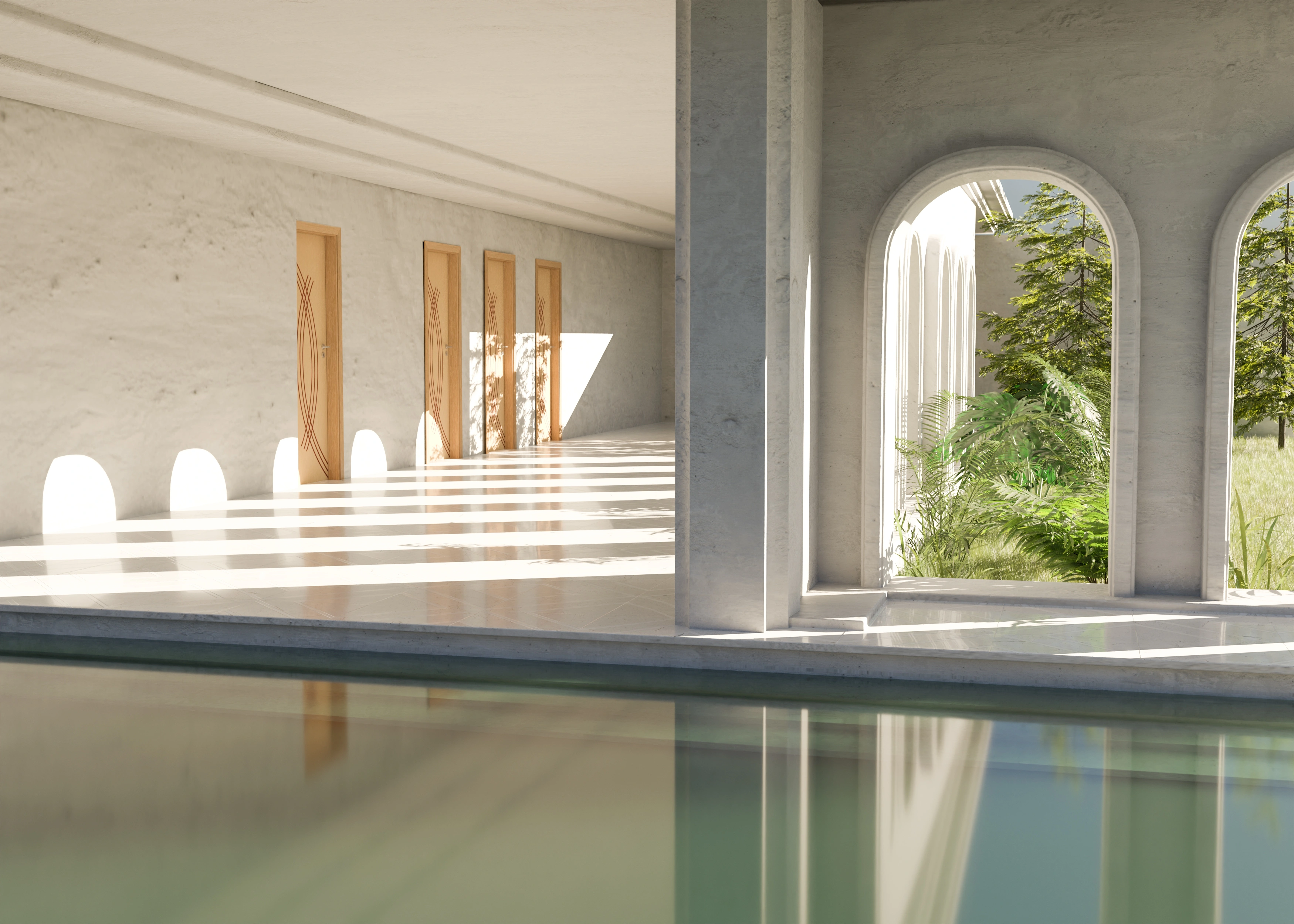 Minimalist indoor pool with arched windows and sunlight casting shadows