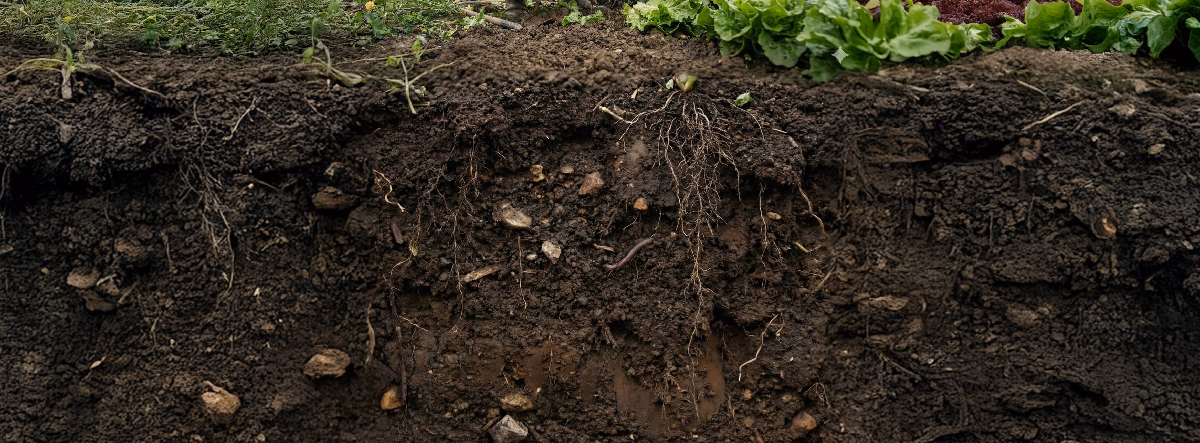 Querschnitt durch Erde mit Pflanzenwurzeln und Salatköpfen im Garten