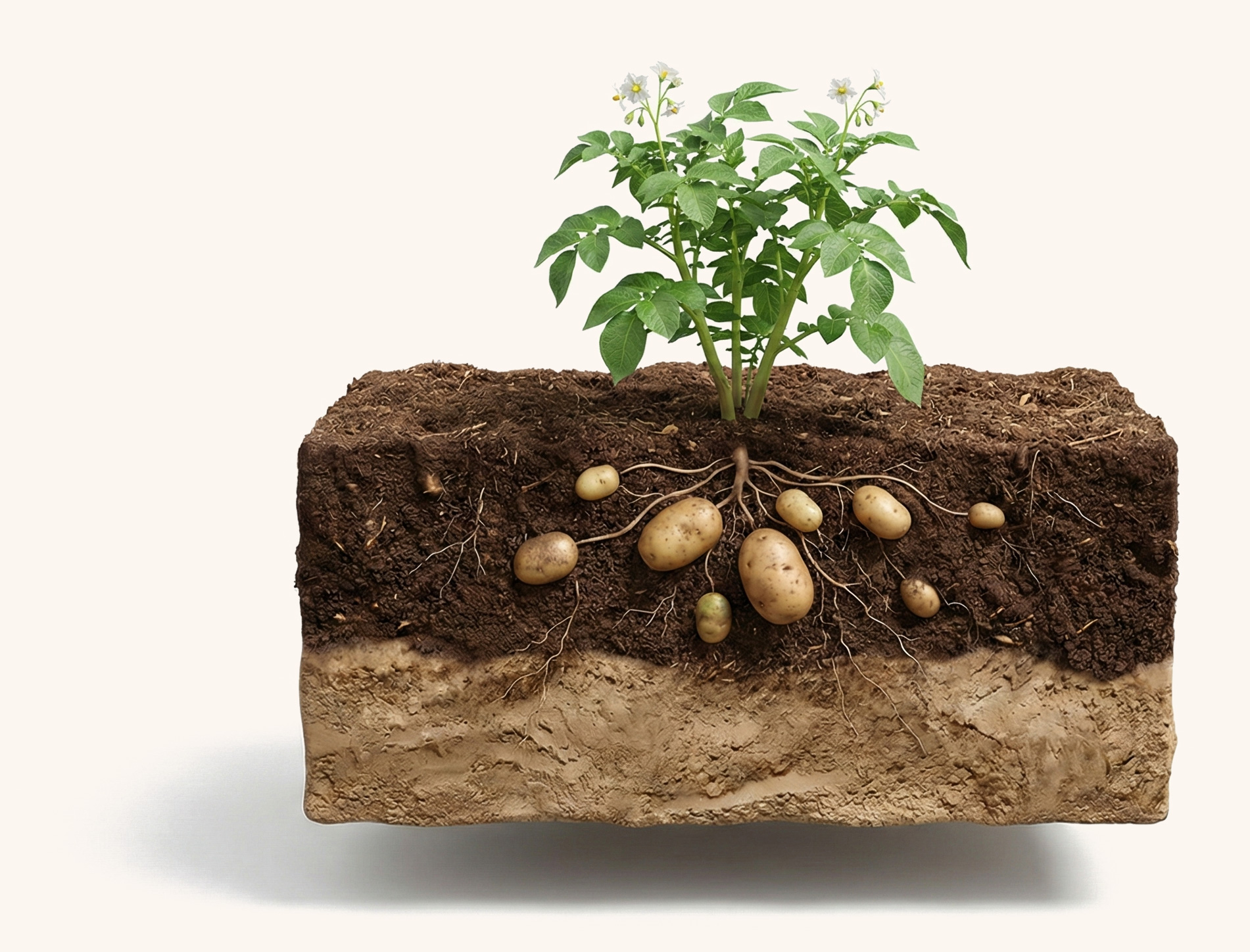 Kartoffelpflanze mit Blättern, Blüten und sichtbaren Knollen unter der Erde in Bodenschicht.