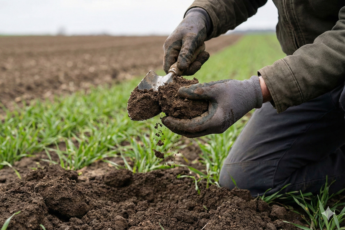 Person mit Handschuhen schöpft Erde mit einer Schaufel aus einem Feld mit jungen Pflanzen.