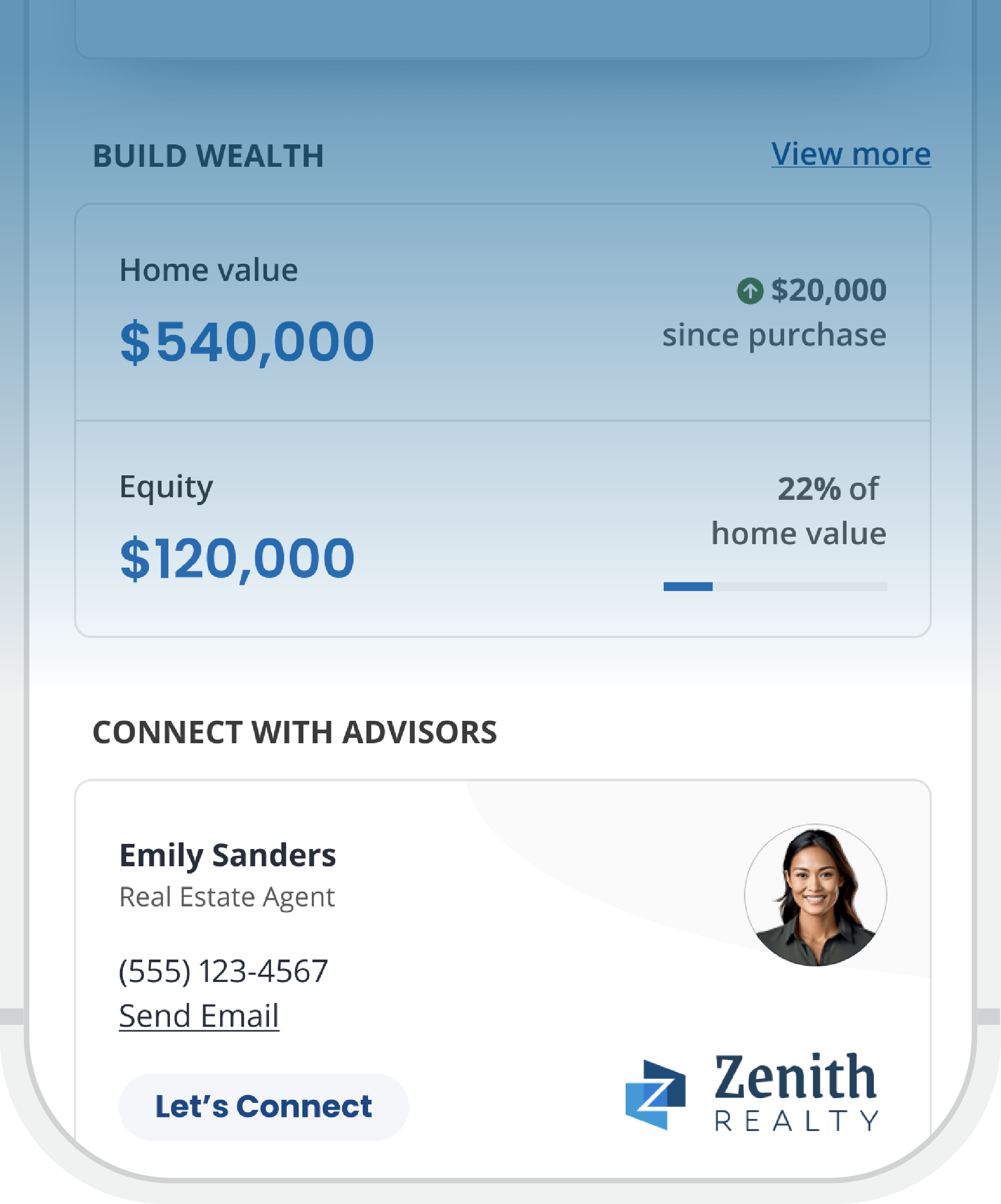A real estate app focused on an agent's contact information and quick connection for the client.