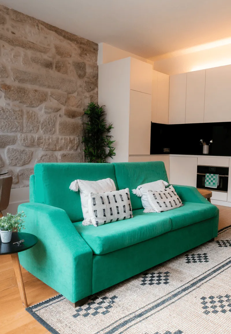 Livingroom with a green couch.