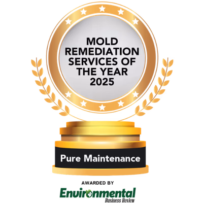 Gold award trophy with laurel wreath reading 'Mold Remediation Services of the Year 2025' awarded to Pure Maintenance.