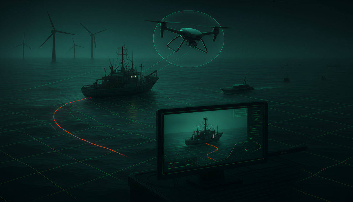 Ship in dark sea with monitor in foreground