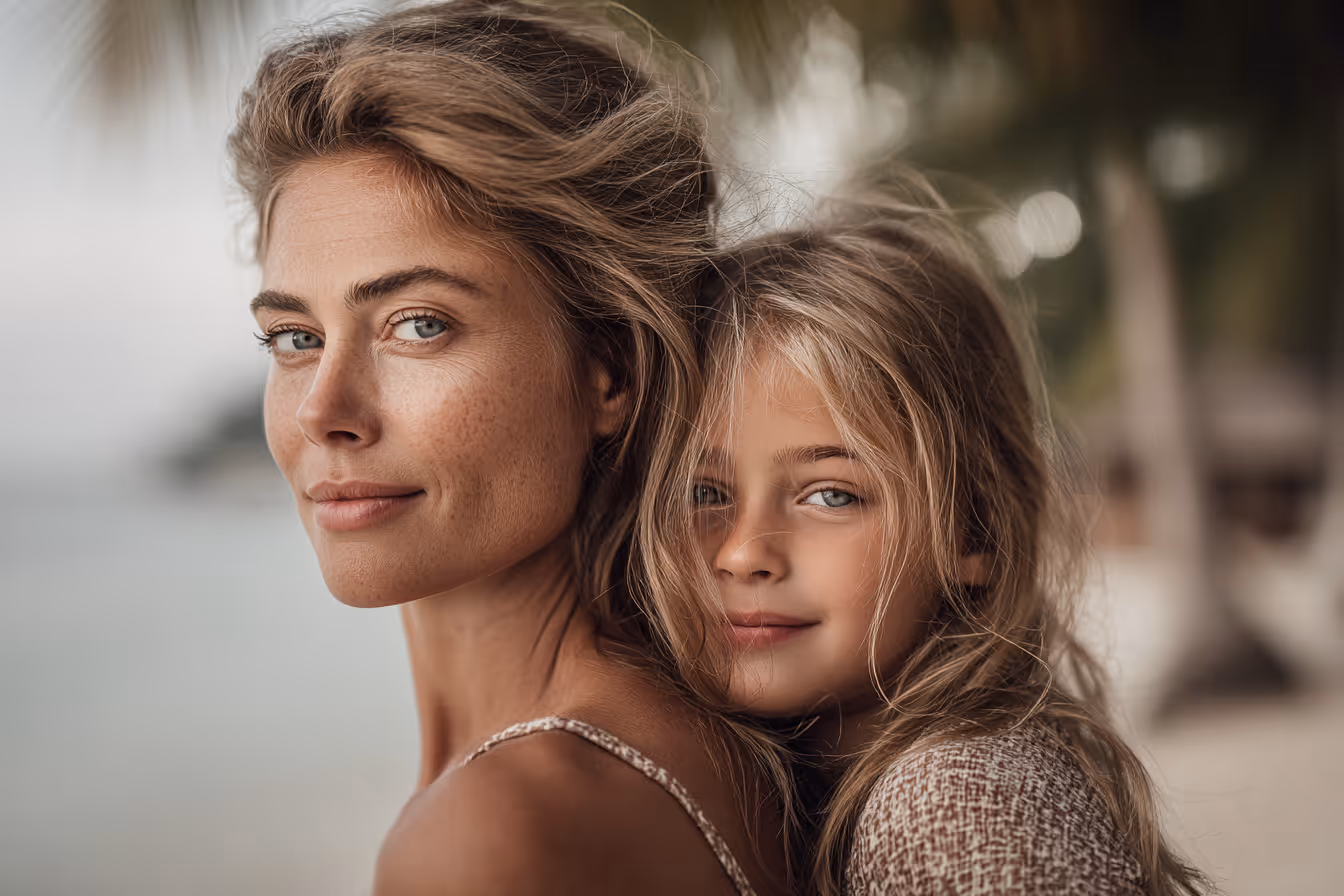 a mother and daughter on beach with palm trees in the background