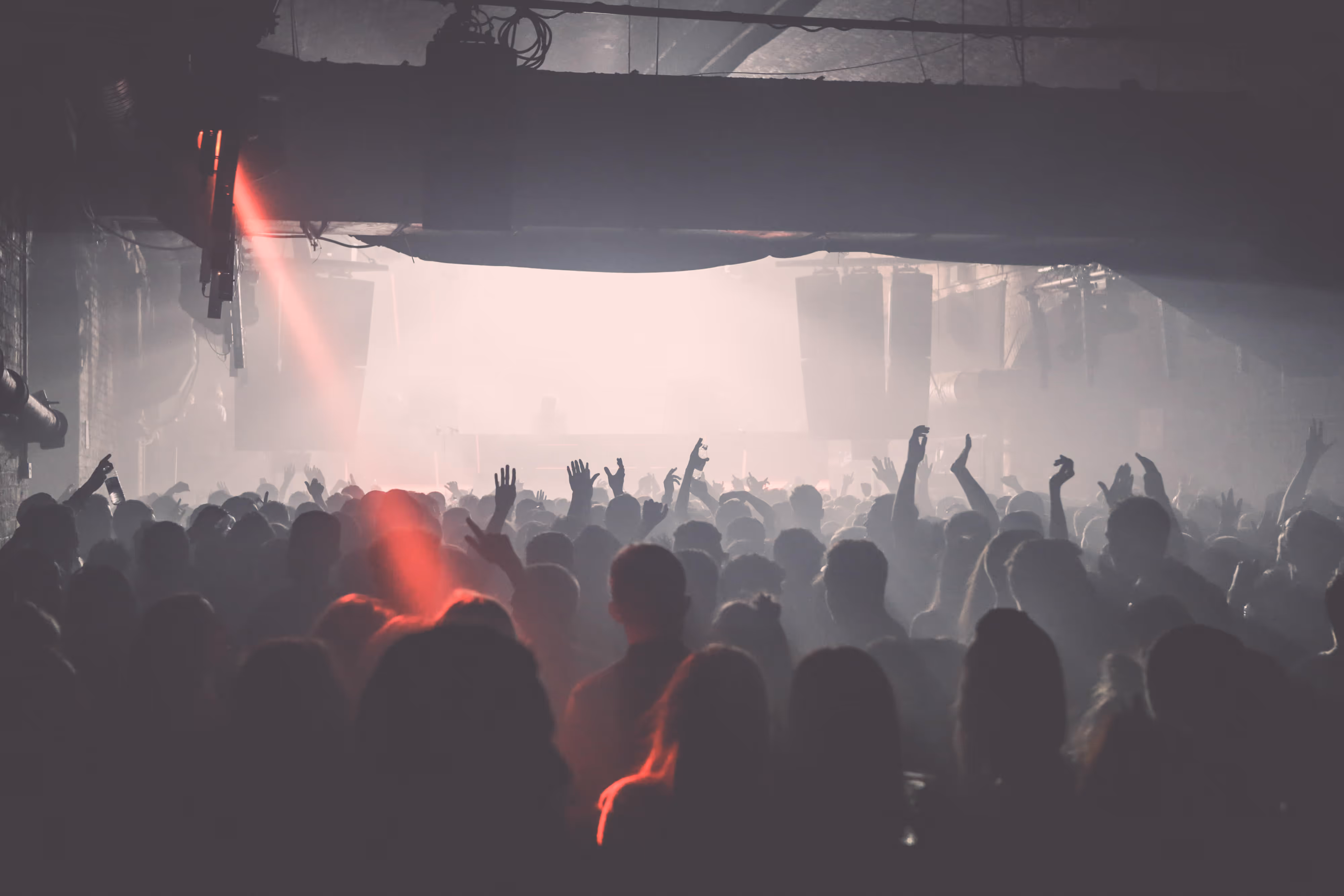 Fans with arms raised dance in red and white lights, captured by a gig photographer in a hazy, dimly lit live music venue.