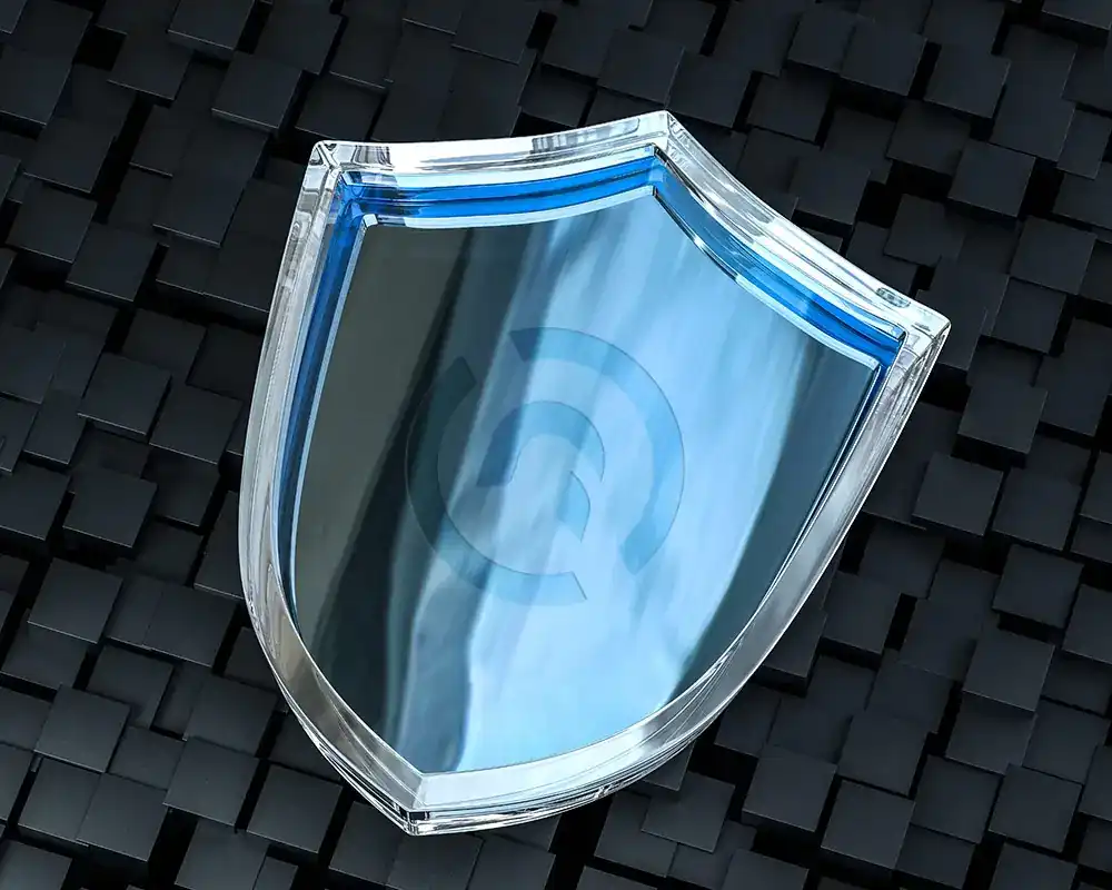 a glass shield on a pile of black cubes