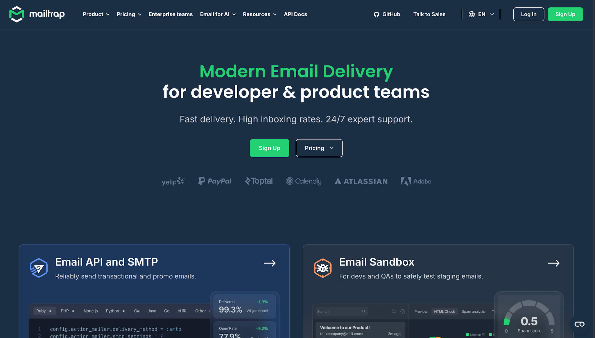 Mailtrap homepage.